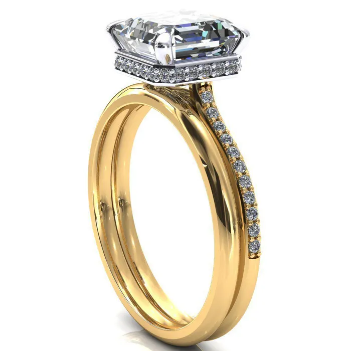 Rings Fire Brilliance Kiki Asscher Moissanite 4 Prongs Claw Floating Halo 12 Pinpoint Inverted Cathedral Ring