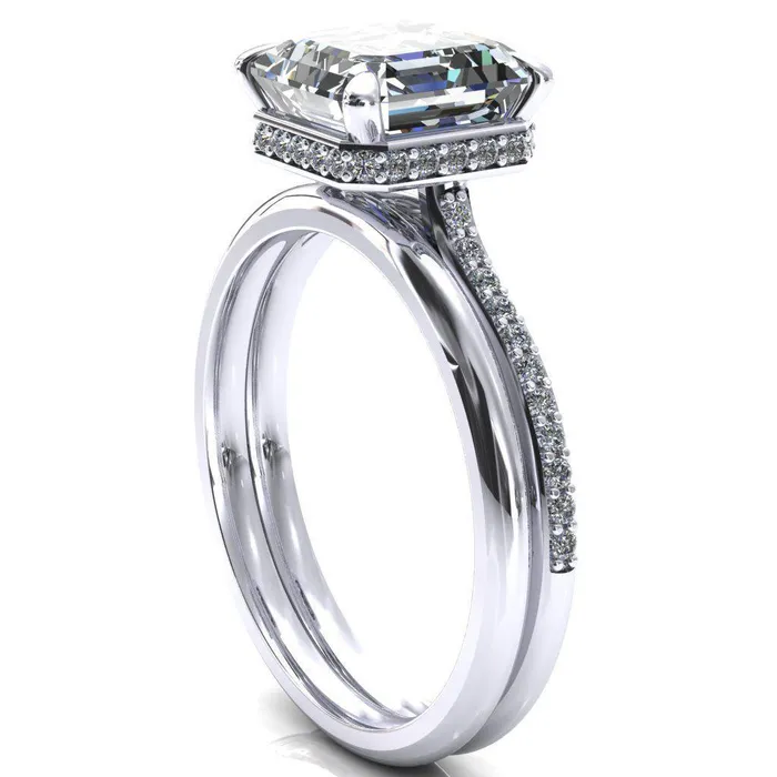 Rings Fire Brilliance Kiki Asscher Moissanite 4 Prongs Claw Floating Halo 12 Pinpoint Inverted Cathedral Ring