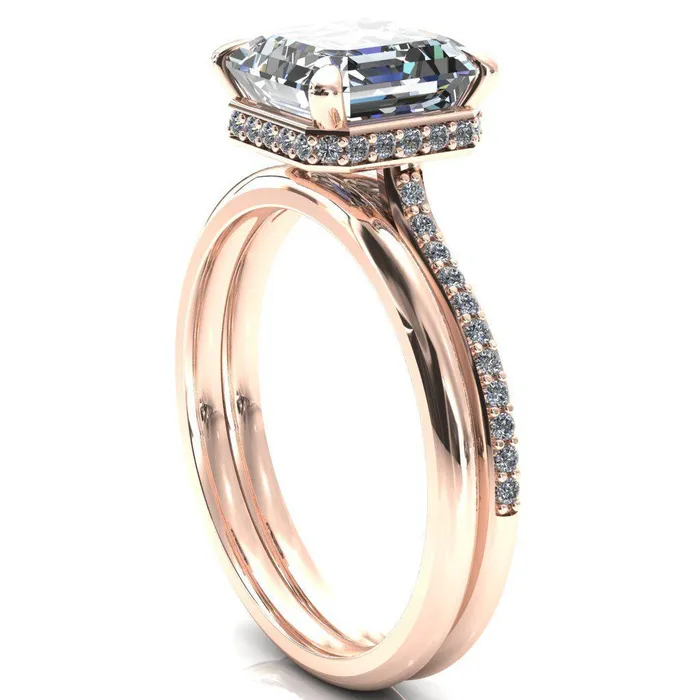 Rings Fire Brilliance Kiki Asscher Moissanite 4 Prongs Claw Floating Halo 12 Pinpoint Inverted Cathedral Ring