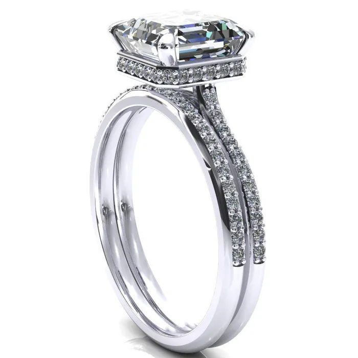 Rings Fire Brilliance Kiki Asscher Moissanite 4 Prongs Claw Floating Halo 12 Pinpoint Inverted Cathedral Ring