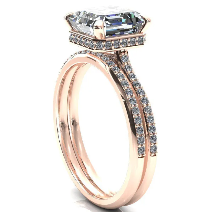 Rings Fire Brilliance Kiki Asscher Moissanite 4 Prongs Claw Floating Halo 12 Pinpoint Inverted Cathedral Ring