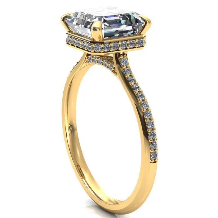 Rings Fire Brilliance Kiki Asscher Moissanite 4 Prongs Claw Floating Halo 12 Pinpoint Inverted Cathedral Ring