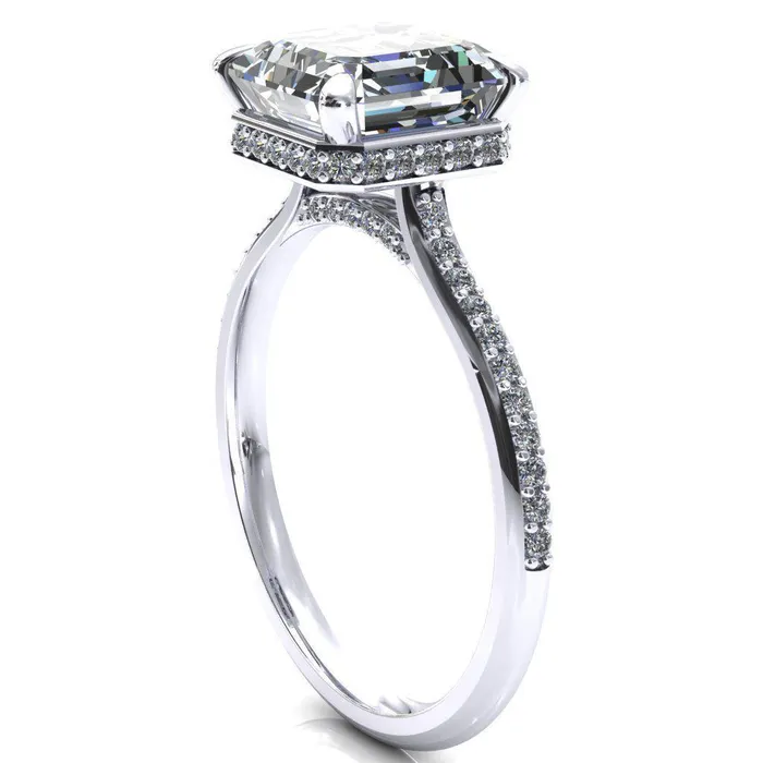 Rings Fire Brilliance Kiki Asscher Moissanite 4 Prongs Claw Floating Halo 12 Pinpoint Inverted Cathedral Ring