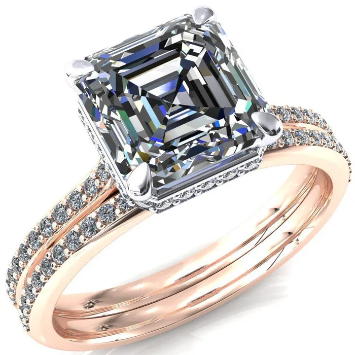 Rings Fire Brilliance Kiki Asscher Moissanite 4 Prongs Claw Floating Halo 12 Pinpoint Inverted Cathedral Ring