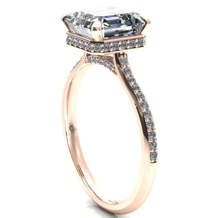Rings Fire Brilliance Kiki Asscher Moissanite 4 Prongs Claw Floating Halo 12 Pinpoint Inverted Cathedral Ring