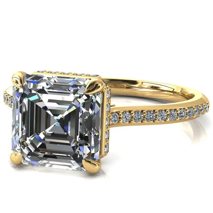 Rings Fire Brilliance Kiki Asscher Moissanite 4 Prongs Claw Floating Halo 12 Pinpoint Inverted Cathedral Ring