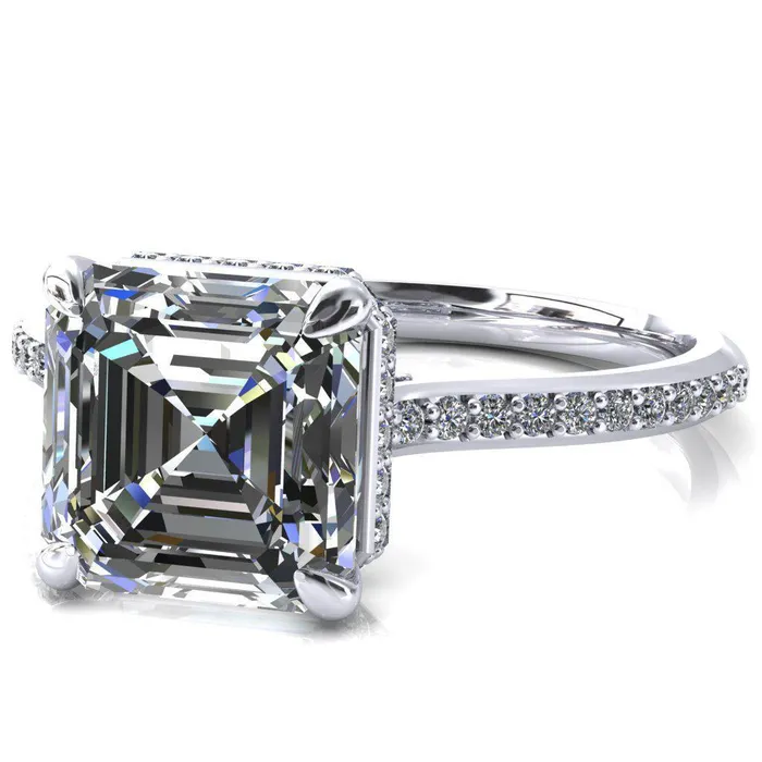 Rings Fire Brilliance Kiki Asscher Moissanite 4 Prongs Claw Floating Halo 12 Pinpoint Inverted Cathedral Ring