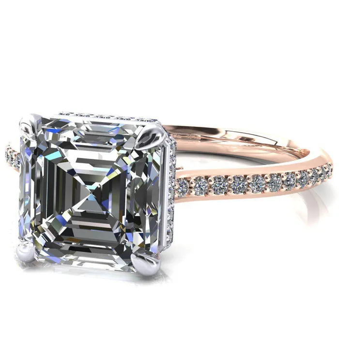 Rings Fire Brilliance Kiki Asscher Moissanite 4 Prongs Claw Floating Halo 12 Pinpoint Inverted Cathedral Ring