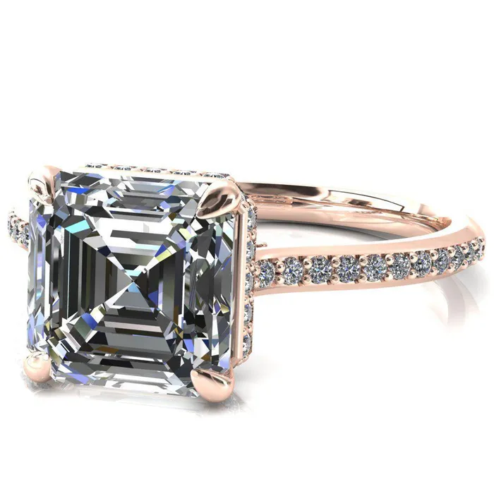 Rings Fire Brilliance Kiki Asscher Moissanite 4 Prongs Claw Floating Halo 12 Pinpoint Inverted Cathedral Ring