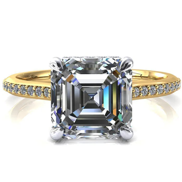 Rings Fire Brilliance Kiki Asscher Moissanite 4 Prongs Claw Floating Halo 12 Pinpoint Inverted Cathedral Ring