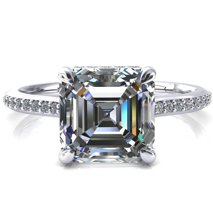 Rings Fire Brilliance Kiki Asscher Moissanite 4 Prongs Claw Floating Halo 12 Pinpoint Inverted Cathedral Ring