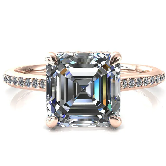 Rings Fire Brilliance Kiki Asscher Moissanite 4 Prongs Claw Floating Halo 12 Pinpoint Inverted Cathedral Ring