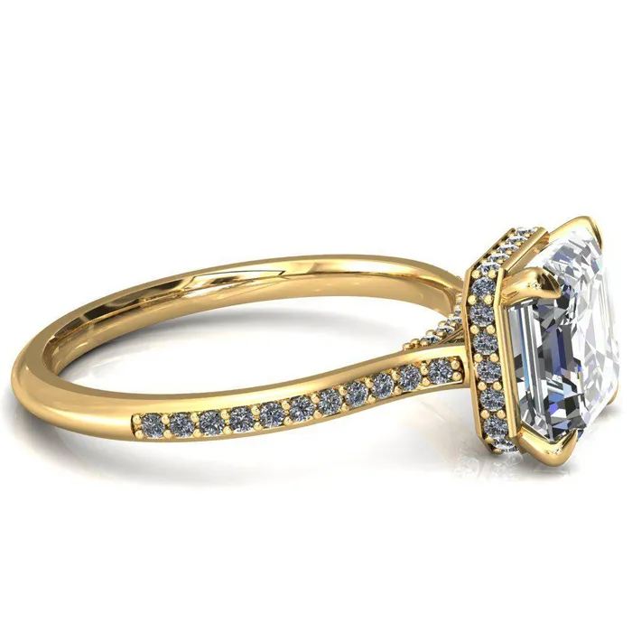 Rings Fire Brilliance Kiki Asscher Moissanite 4 Prongs Claw Floating Halo 12 Pinpoint Inverted Cathedral Ring