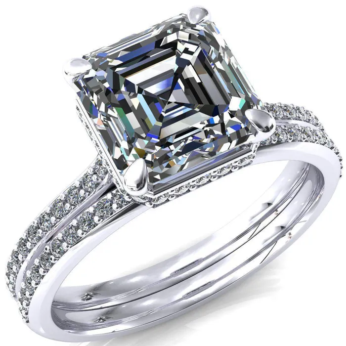 Rings Fire Brilliance Kiki Asscher Moissanite 4 Prongs Claw Floating Halo 12 Pinpoint Inverted Cathedral Ring