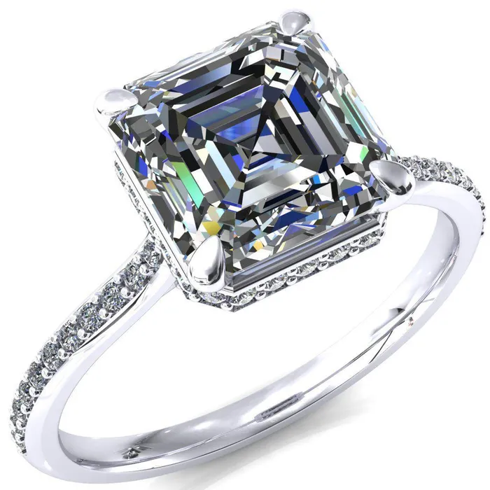 Rings Fire Brilliance Kiki Asscher Moissanite 4 Prongs Claw Floating Halo 12 Pinpoint Inverted Cathedral Ring