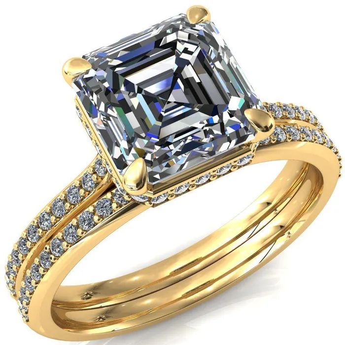 Rings Fire Brilliance Kiki Asscher Moissanite 4 Prongs Claw Floating Halo 12 Pinpoint Inverted Cathedral Ring