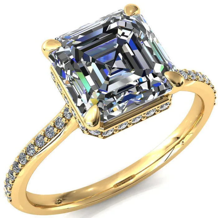 Rings Fire Brilliance Kiki Asscher Moissanite 4 Prongs Claw Floating Halo 12 Pinpoint Inverted Cathedral Ring
