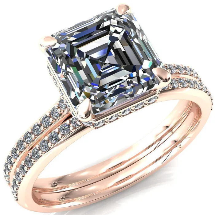 Rings Fire Brilliance Kiki Asscher Moissanite 4 Prongs Claw Floating Halo 12 Pinpoint Inverted Cathedral Ring
