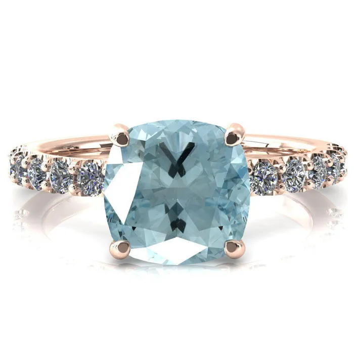Rings Fire Brilliance Mylene Cushion Aqua Blue Spinel 4 Prong Sculptural Half Eternity Diamond Engagement Ring