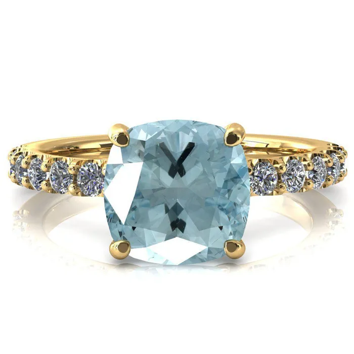 Rings Fire Brilliance Mylene Cushion Aqua Blue Spinel 4 Prong Sculptural Half Eternity Diamond Engagement Ring