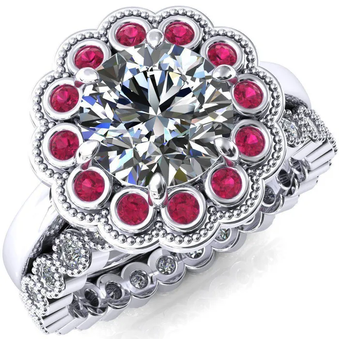 Rings Fire Brilliance Zinnia Round Center Stone 6 Prongs Milgrain Halo Accent Ruby Ring Rings Fire Brilliance Zinnia Round Center Stone 6 Prongs Milgrain Halo Accent Ruby Ring
