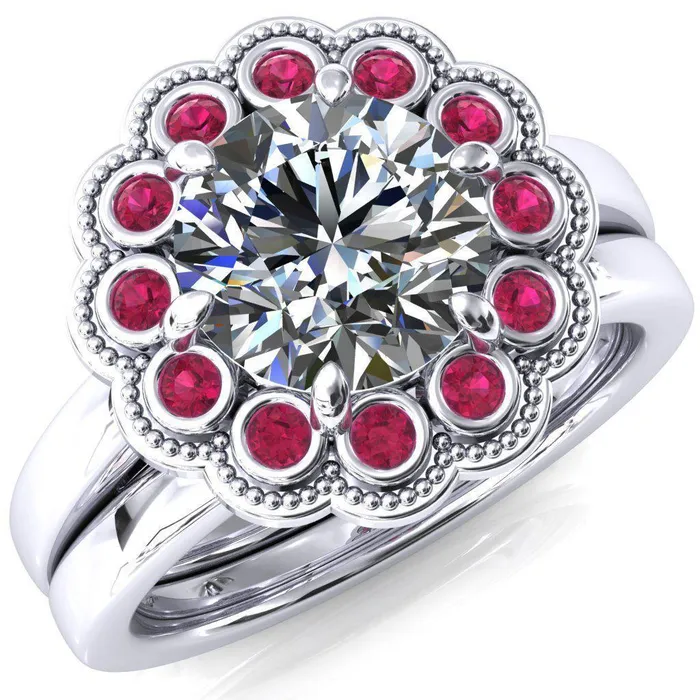 Rings Fire Brilliance Zinnia Round Center Stone 6 Prongs Milgrain Halo Accent Ruby Ring