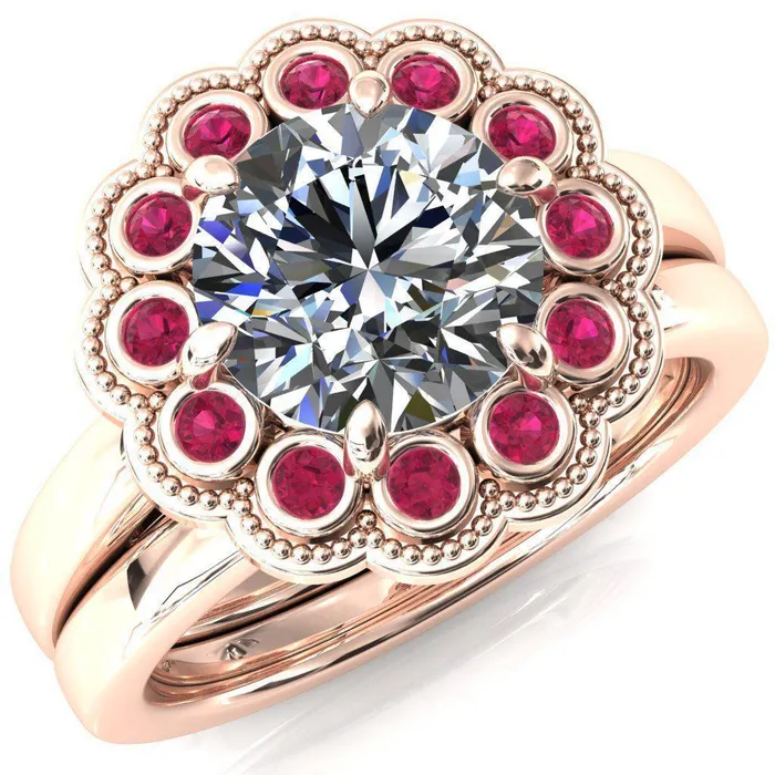 Rings Fire Brilliance Zinnia Round Center Stone 6 Prongs Milgrain Halo Accent Ruby Ring