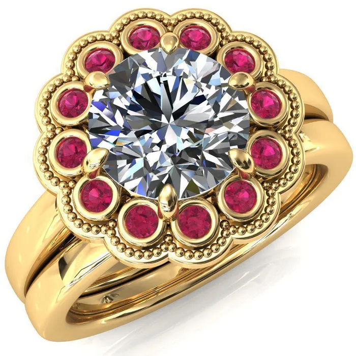 Rings Fire Brilliance Zinnia Round Center Stone 6 Prongs Milgrain Halo Accent Ruby Ring