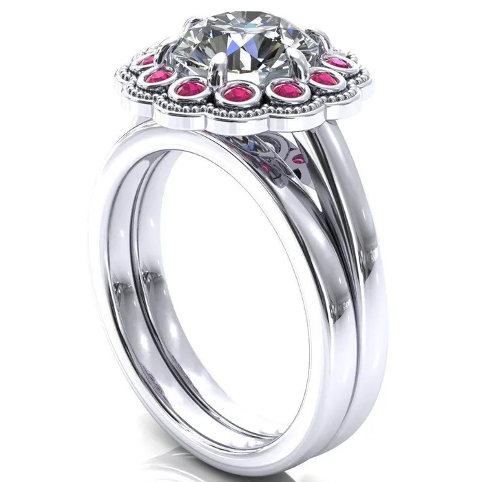 Rings Fire Brilliance Zinnia Round Center Stone 6 Prongs Milgrain Halo Accent Ruby Ring
