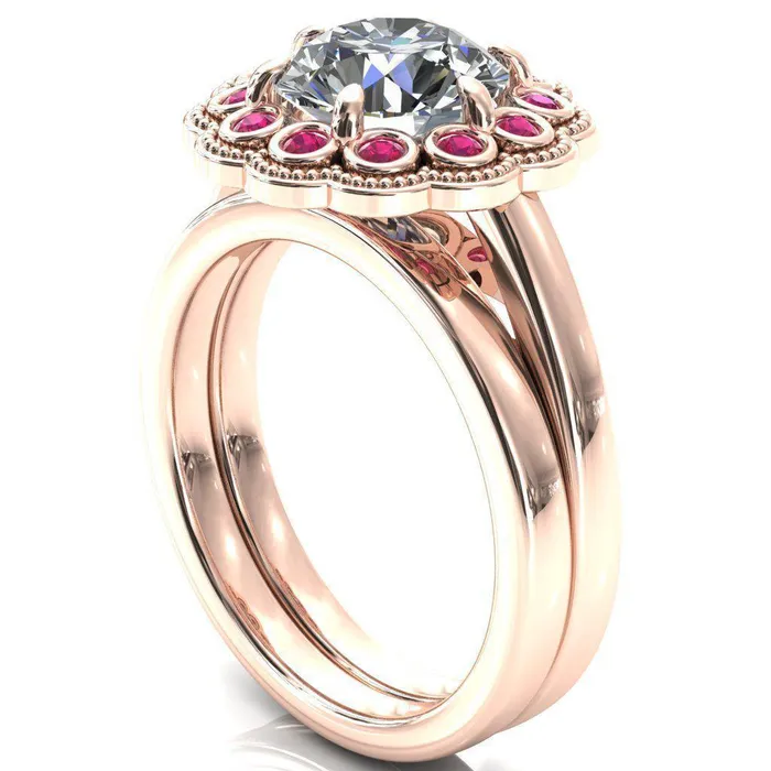 Rings Fire Brilliance Zinnia Round Center Stone 6 Prongs Milgrain Halo Accent Ruby Ring