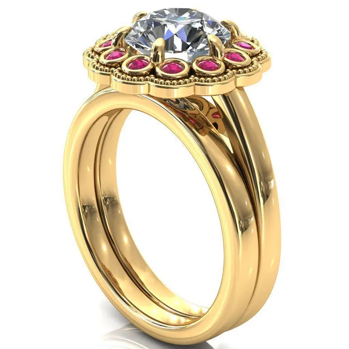 Rings Fire Brilliance Zinnia Round Center Stone 6 Prongs Milgrain Halo Accent Ruby Ring