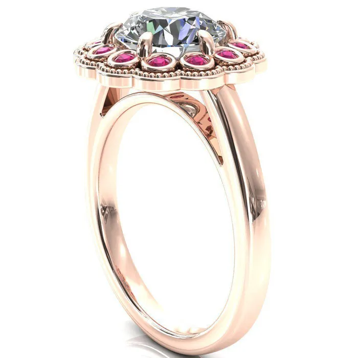 Rings Fire Brilliance Zinnia Round Center Stone 6 Prongs Milgrain Halo Accent Ruby Ring