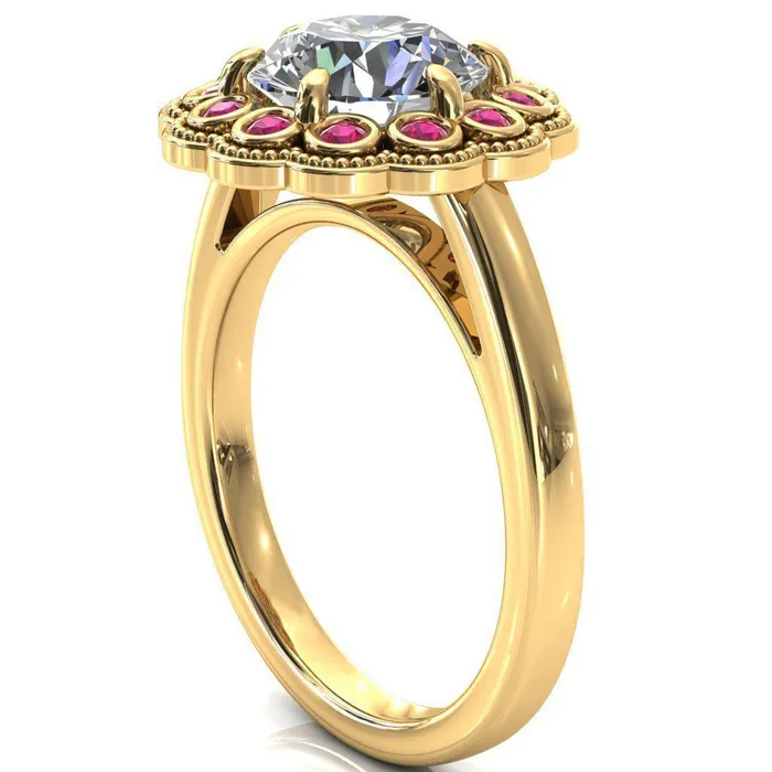 Rings Fire Brilliance Zinnia Round Center Stone 6 Prongs Milgrain Halo Accent Ruby Ring