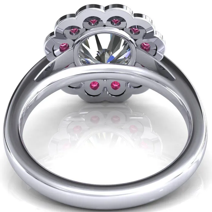 Rings Fire Brilliance Zinnia Round Center Stone 6 Prongs Milgrain Halo Accent Ruby Ring