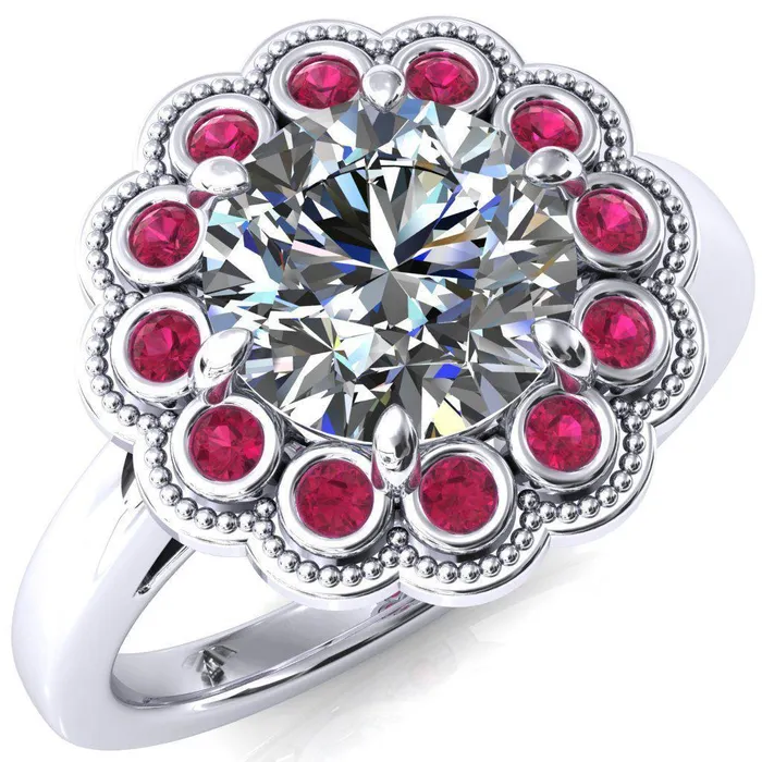 Rings Fire Brilliance Zinnia Round Center Stone 6 Prongs Milgrain Halo Accent Ruby Ring