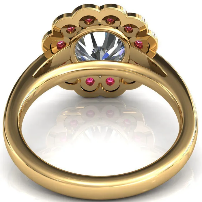 Rings Fire Brilliance Zinnia Round Center Stone 6 Prongs Milgrain Halo Accent Ruby Ring