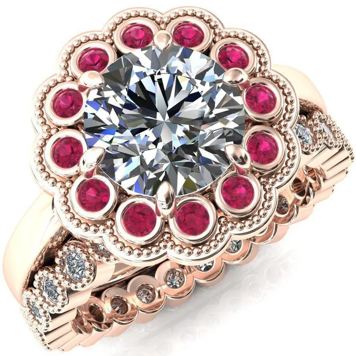 Rings Fire Brilliance Zinnia Round Center Stone 6 Prongs Milgrain Halo Accent Ruby Ring