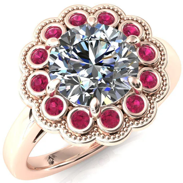 Rings Fire Brilliance Zinnia Round Center Stone 6 Prongs Milgrain Halo Accent Ruby Ring