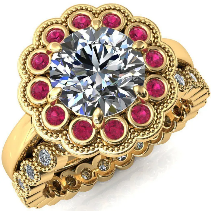 Rings Fire Brilliance Zinnia Round Center Stone 6 Prongs Milgrain Halo Accent Ruby Ring