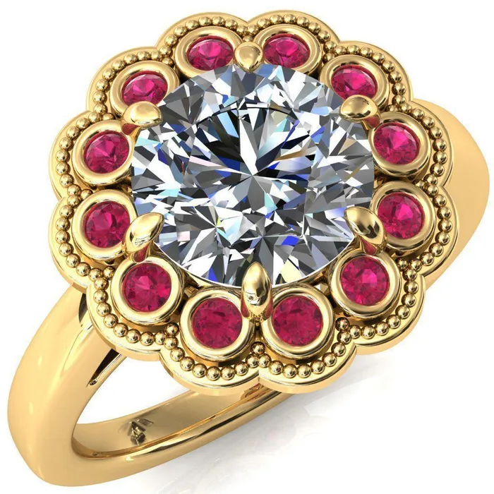 Rings Fire Brilliance Zinnia Round Center Stone 6 Prongs Milgrain Halo Accent Ruby Ring