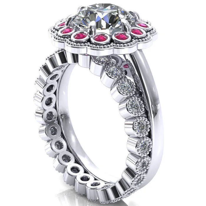 Rings Fire Brilliance Zinnia Round Center Stone 6 Prongs Milgrain Halo Accent Ruby Ring