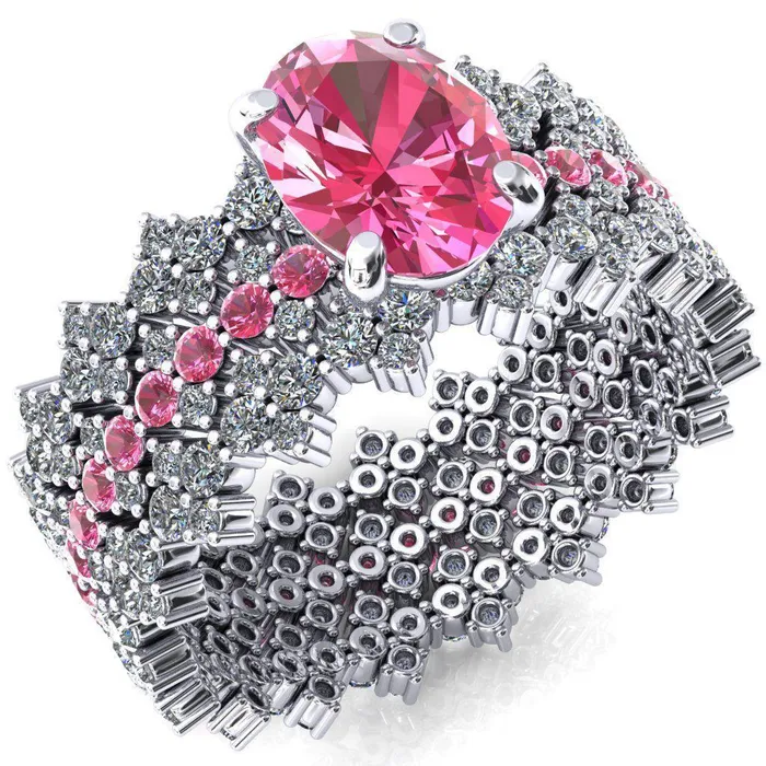 Rings Lacy Oval Pink Sapphire Full Eternity Pink Sapphire and Diamond Accent Ring Fire Brilliance 