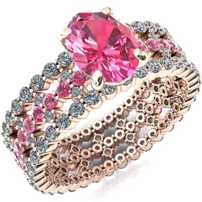 Rings Lacy Oval Pink Sapphire Full Eternity Pink Sapphire and Diamond Accent Ring Fire Brilliance 
