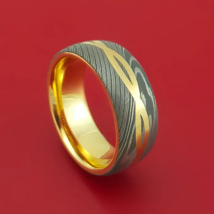 Rings Lashbrook Damascus Steel 14K Yellow Gold Celtic Knot Ring Infinity Design with Sleeve Wedding Band Rings Lashbrook Damascus Steel 14K Yellow Gold Celtic Knot Ring Infinity Design with Sleeve Wedding Band