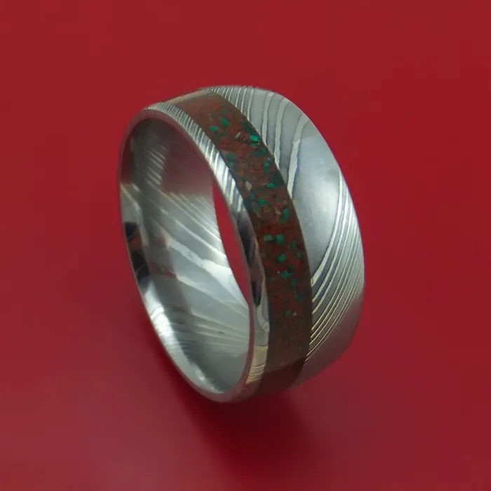 Rings Lashbrook Damascus Steel And Red Dinosaur Bone with Malachite Ring Custom Made Fossil Band Rings Lashbrook Damascus Steel And Red Dinosaur Bone with Malachite Ring Custom Made Fossil Band