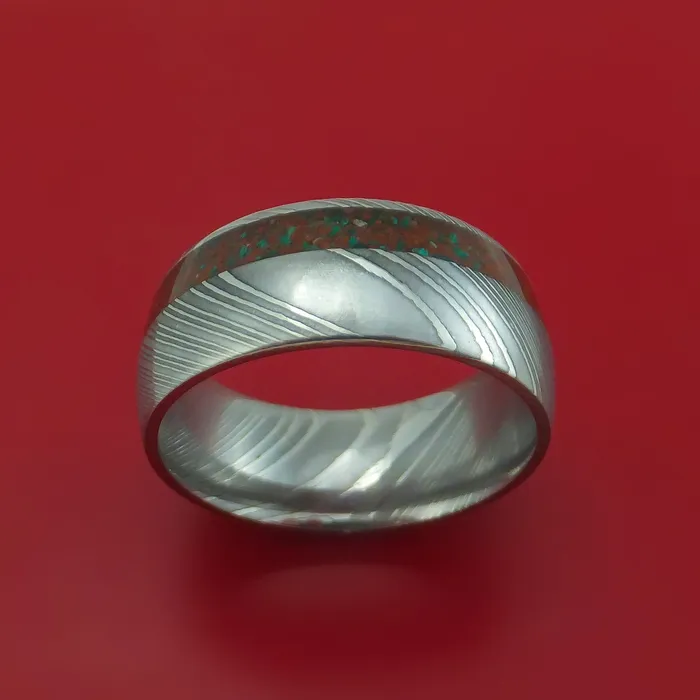 Rings Lashbrook Damascus Steel And Red Dinosaur Bone with Malachite Ring Custom Made Fossil Band