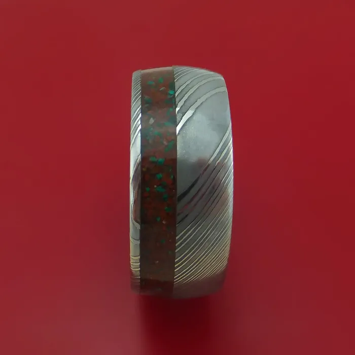 Rings Lashbrook Damascus Steel And Red Dinosaur Bone with Malachite Ring Custom Made Fossil Band