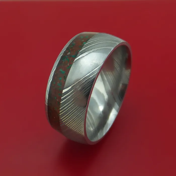 Rings Lashbrook Damascus Steel And Red Dinosaur Bone with Malachite Ring Custom Made Fossil Band