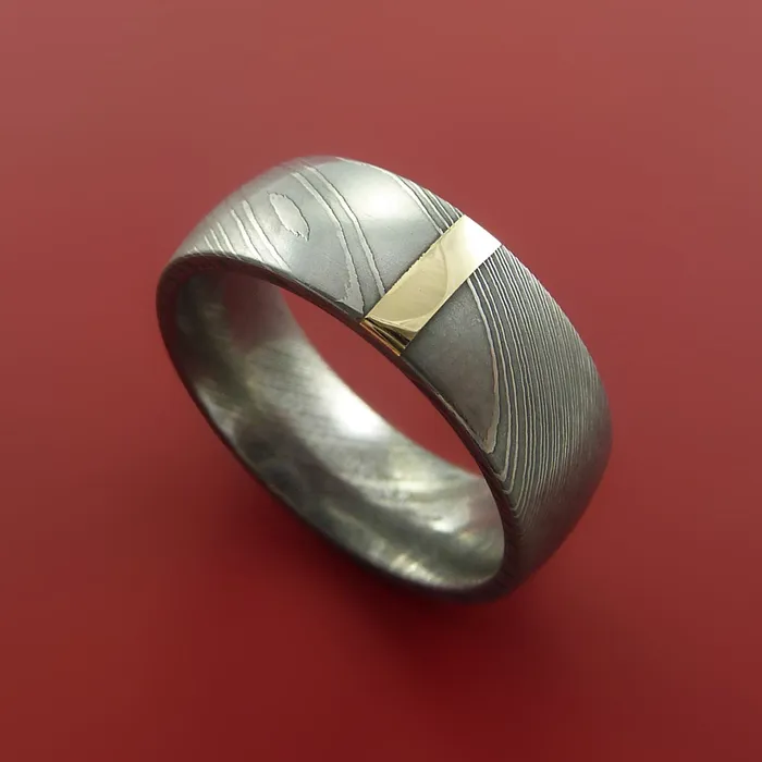 Rings Lashbrook Damascus Steel Ring with 14k Yellow Gold Inlay Custom Made Band