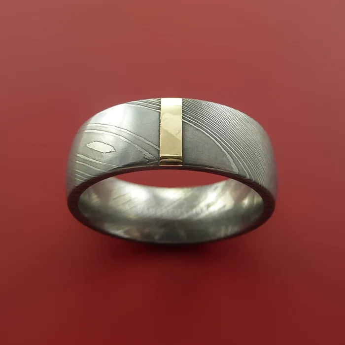 Rings Lashbrook Damascus Steel Ring with 14k Yellow Gold Inlay Custom Made Band